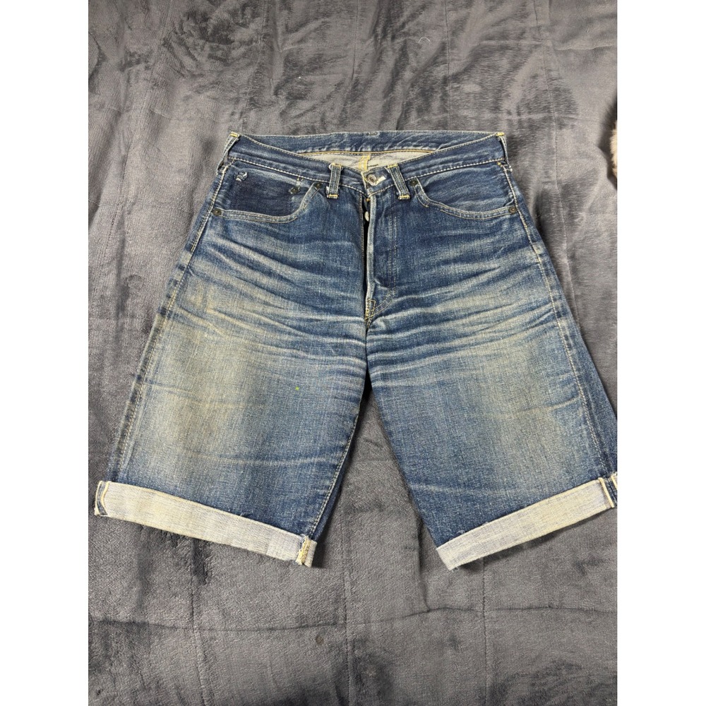 Vintage 1950s Levis Denim Shorts Blue Button Fly Distressed Cut Offs 28 Waist
